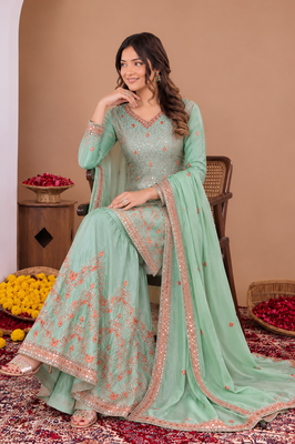 Sea green chinon silk sequence embriordered sharara suit 4