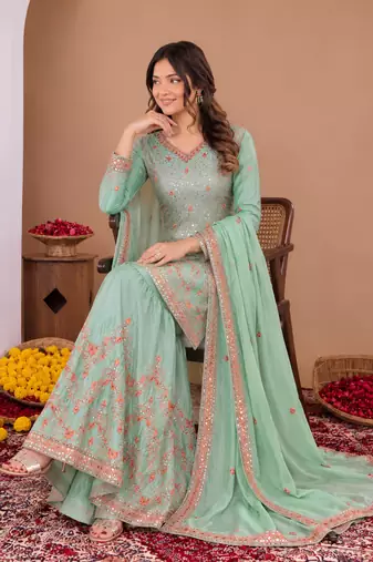 Sea green chinon silk sequence embriordered sharara suit