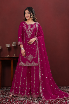 Rani pink fendy silk sequence embriordered sharara suit 1