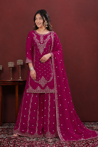 Rani pink fendy silk sequence embriordered sharara suit