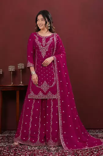 Rani pink fendy silk sequence embriordered sharara suit