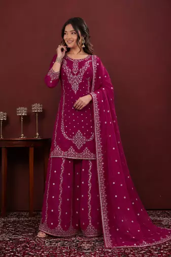 Rani pink fendy silk sequence embriordered sharara suit