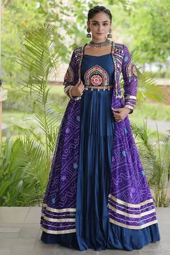 Rayon Lehenga Choli with Bandhani Print Kutchi Patch Work with Shrug 12M Flair Frill Lehenga - Free size stitched 