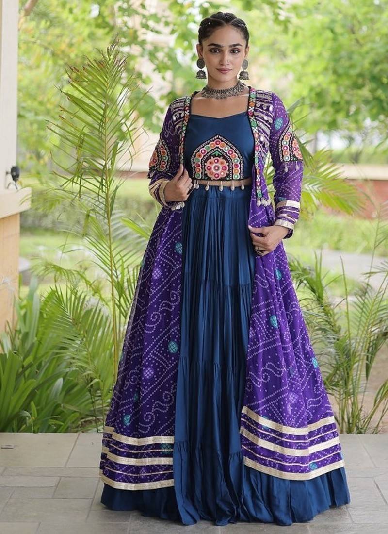 Rayon Lehenga Choli with Bandhani Print Kutchi Patch Work with Shrug 12M Flair Frill Lehenga - Free size stitched 