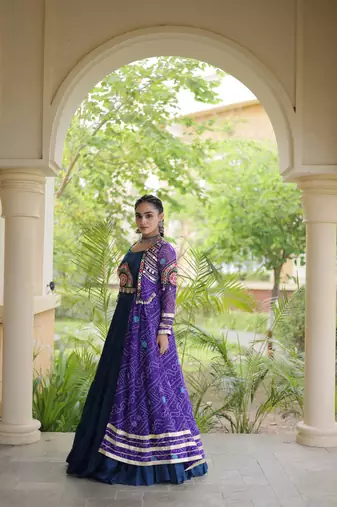 Rayon Lehenga Choli with Bandhani Print Kutchi Patch Work with Shrug 12M Flair Frill Lehenga - Free size stitched 