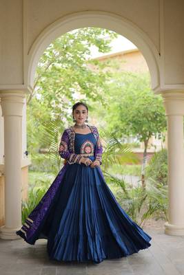 Rayon Lehenga Choli with Bandhani Print Kutchi Patch Work with Shrug 12M Flair Frill Lehenga - Free size stitched  4