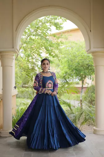 Rayon Lehenga Choli with Bandhani Print Kutchi Patch Work with Shrug 12M Flair Frill Lehenga - Free size stitched 