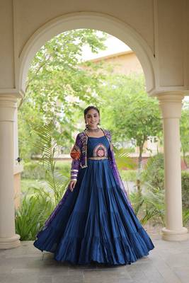 Rayon Lehenga Choli with Bandhani Print Kutchi Patch Work with Shrug 12M Flair Frill Lehenga - Free size stitched  5