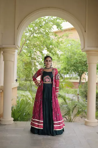 Lehenga Choli with Bandhani Print Kutchi Patch Work Shrug with 12M Flair Frill Lehenga-Free size stitched 
