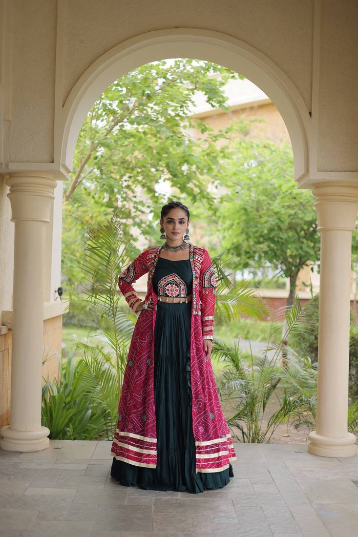 Lehenga Choli with Bandhani Print Kutchi Patch Work Shrug with 12M Flair Frill Lehenga-Free size stitched 