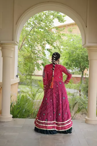 Lehenga Choli with Bandhani Print Kutchi Patch Work Shrug with 12M Flair Frill Lehenga-Free size stitched 