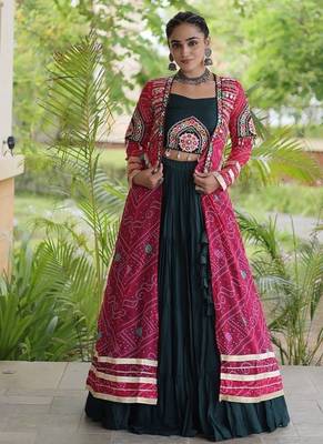 Lehenga Choli with Bandhani Print Kutchi Patch Work Shrug with 12M Flair Frill Lehenga-Free size stitched  3