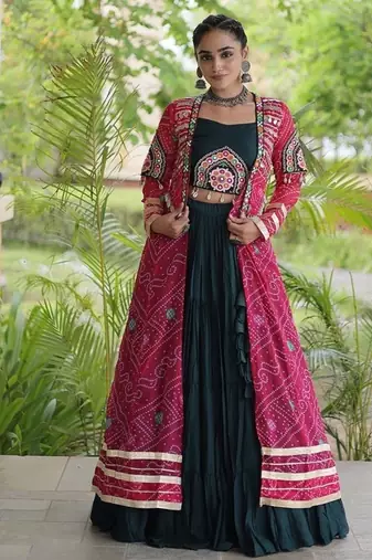 Lehenga Choli with Bandhani Print Kutchi Patch Work Shrug with 12M Flair Frill Lehenga-Free size stitched 