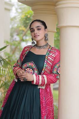 Lehenga Choli with Bandhani Print Kutchi Patch Work Shrug with 12M Flair Frill Lehenga-Free size stitched  4