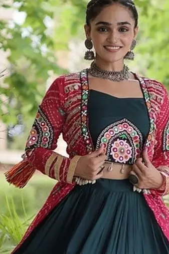 Lehenga Choli with Bandhani Print Kutchi Patch Work Shrug with 12M Flair Frill Lehenga-Free size stitched 