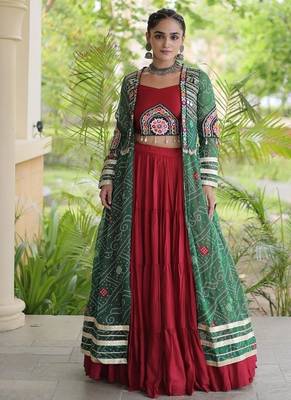Lehenga Choli with Bandhani Print Kutchi Patch Work Shrug with 12M Flair Frill Lehenga-Free size stitched  1