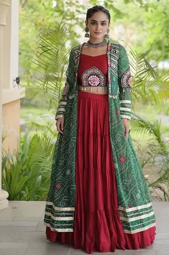 Lehenga Choli with Bandhani Print Kutchi Patch Work Shrug with 12M Flair Frill Lehenga-Free size stitched 