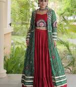 Lehenga Choli with Bandhani Print Kutchi Patch Work Shrug with 12M Flair Frill Lehenga-Free size stitched 