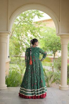 Lehenga Choli with Bandhani Print Kutchi Patch Work Shrug with 12M Flair Frill Lehenga-Free size stitched  2