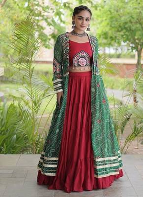 Lehenga Choli with Bandhani Print Kutchi Patch Work Shrug with 12M Flair Frill Lehenga-Free size stitched  3