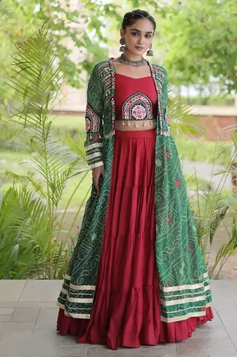Lehenga Choli with Bandhani Print Kutchi Patch Work Shrug with 12M Flair Frill Lehenga-Free size stitched 