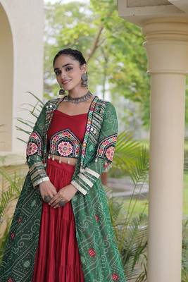 Lehenga Choli with Bandhani Print Kutchi Patch Work Shrug with 12M Flair Frill Lehenga-Free size stitched  4