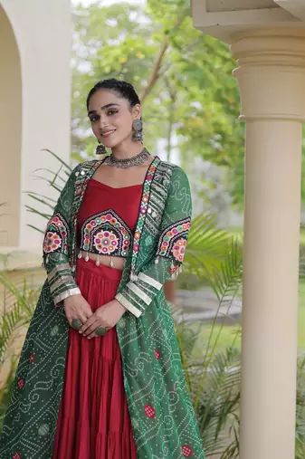 Lehenga Choli with Bandhani Print Kutchi Patch Work Shrug with 12M Flair Frill Lehenga-Free size stitched 