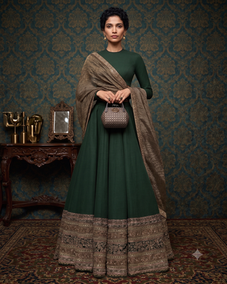 Bottle Green Designer Embroidered Border Lehenga Choli with Full Sleeve Blouse & Dupatta 1