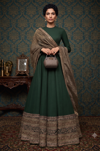 Bottle Green Designer Embroidered Border Lehenga Choli with Full Sleeve Blouse & Dupatta