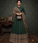 Bottle Green Designer Embroidered Border Lehenga Choli with Full Sleeve Blouse & Dupatta
