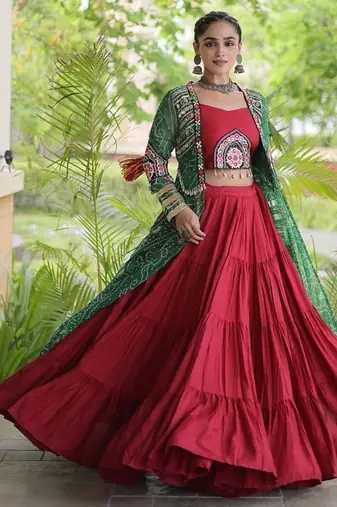 Lehenga Choli with Bandhani Print Kutchi Patch Work Shrug with 12M Flair Frill Lehenga-Free size stitched 
