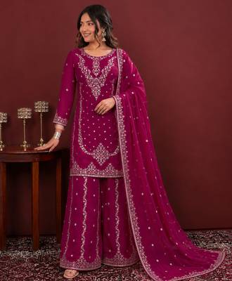Rani pink fendy silk sequence embriordered sharara suit 3