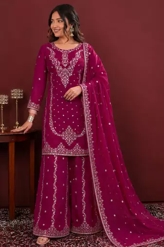 Rani pink fendy silk sequence embriordered sharara suit