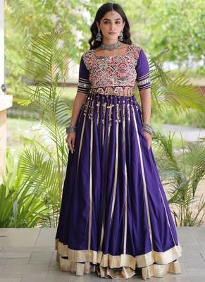 Reyon Gamthi Mirror Work Lehenga Choli Gota Patti Lace Double Ghera 5M Flair Gujarati Navratri Garba Wear  1