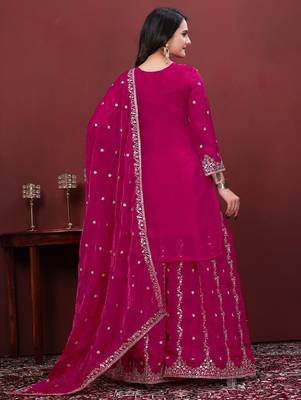 Rani pink fendy silk sequence embriordered sharara suit 4
