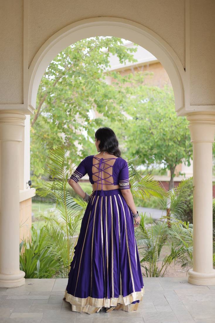 Reyon Gamthi Mirror Work Lehenga Choli Gota Patti Lace Double Ghera 5M Flair Gujarati Navratri Garba Wear 