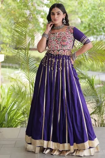 Reyon Gamthi Mirror Work Lehenga Choli Gota Patti Lace Double Ghera 5M Flair Gujarati Navratri Garba Wear 