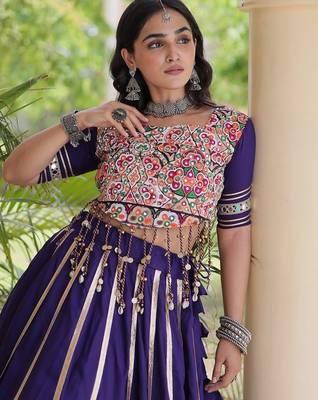 Reyon Gamthi Mirror Work Lehenga Choli Gota Patti Lace Double Ghera 5M Flair Gujarati Navratri Garba Wear  4