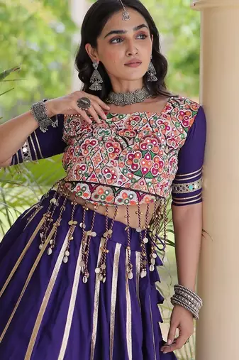 Reyon Gamthi Mirror Work Lehenga Choli Gota Patti Lace Double Ghera 5M Flair Gujarati Navratri Garba Wear 