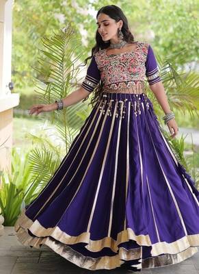 Reyon Gamthi Mirror Work Lehenga Choli Gota Patti Lace Double Ghera 5M Flair Gujarati Navratri Garba Wear  5