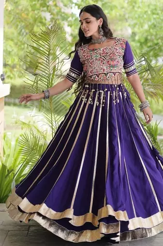 Reyon Gamthi Mirror Work Lehenga Choli Gota Patti Lace Double Ghera 5M Flair Gujarati Navratri Garba Wear 