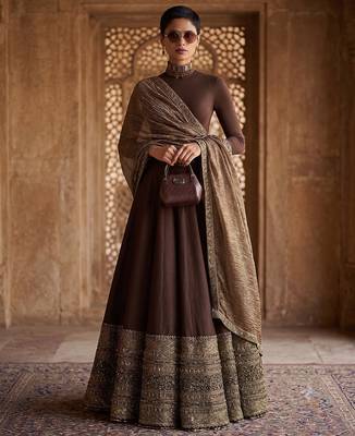 Deep Brownn Designer Embroidered Border Lehenga Choli with Full Sleeve Blouse & Dupatta 1