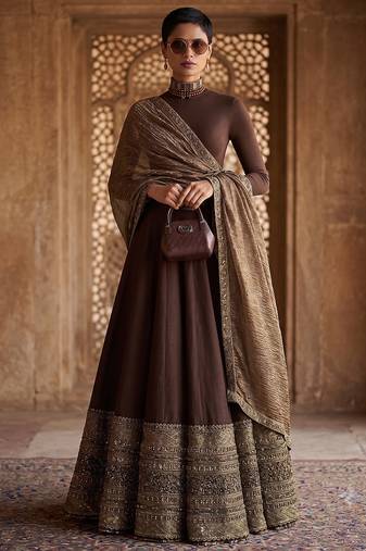 Deep Brownn Designer Embroidered Border Lehenga Choli with Full Sleeve Blouse & Dupatta
