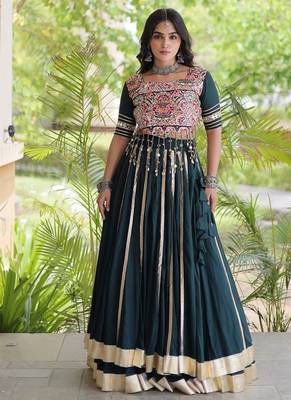 Reyon Gamthi Mirror Work Lehenga Choli Gota Patti Lace Double Ghera 5M Flair Gujarati Navratri Garba Wear  1