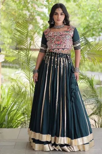 Reyon Gamthi Mirror Work Lehenga Choli Gota Patti Lace Double Ghera 5M Flair Gujarati Navratri Garba Wear 