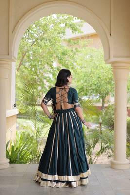 Reyon Gamthi Mirror Work Lehenga Choli Gota Patti Lace Double Ghera 5M Flair Gujarati Navratri Garba Wear  2