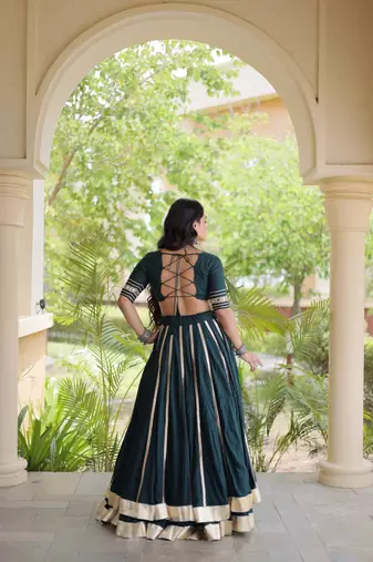 Reyon Gamthi Mirror Work Lehenga Choli Gota Patti Lace Double Ghera 5M Flair Gujarati Navratri Garba Wear 