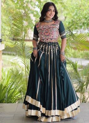 Reyon Gamthi Mirror Work Lehenga Choli Gota Patti Lace Double Ghera 5M Flair Gujarati Navratri Garba Wear  3