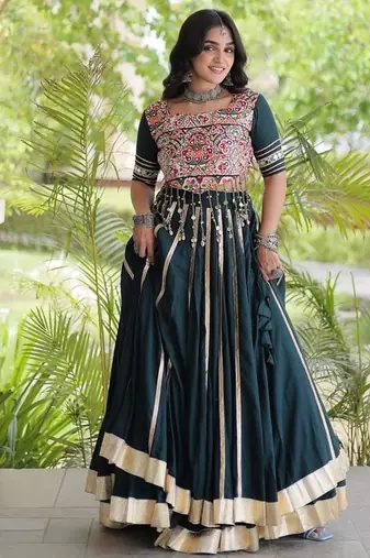 Reyon Gamthi Mirror Work Lehenga Choli Gota Patti Lace Double Ghera 5M Flair Gujarati Navratri Garba Wear 