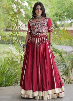 Reyon Gamthi Mirror Work Lehenga Choli Gota Patti Lace Double Ghera 5M Flair Gujarati Navratri Garba Wear 1